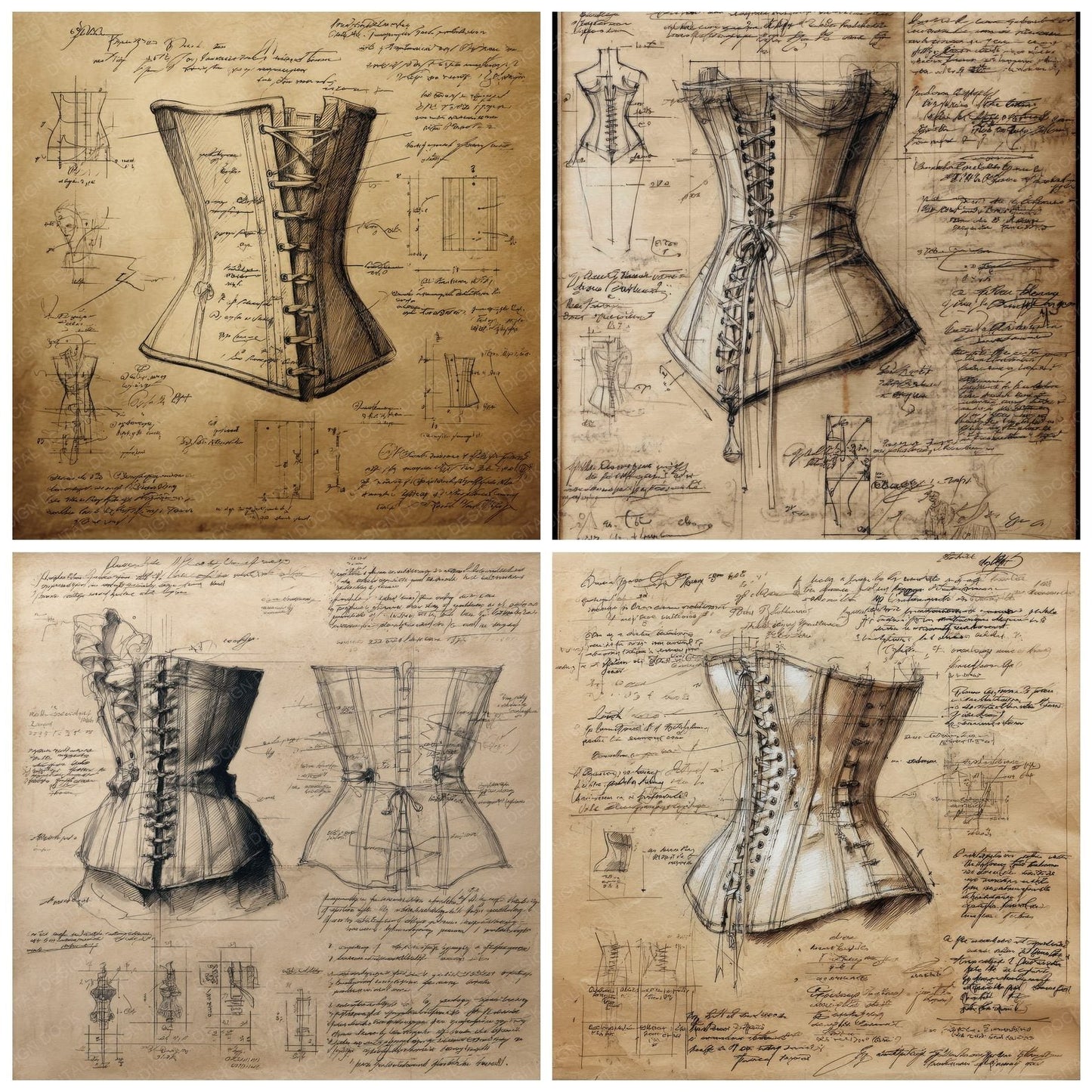 Sketch Corset Laced Boning Digital Paper Pack (DDD003536)