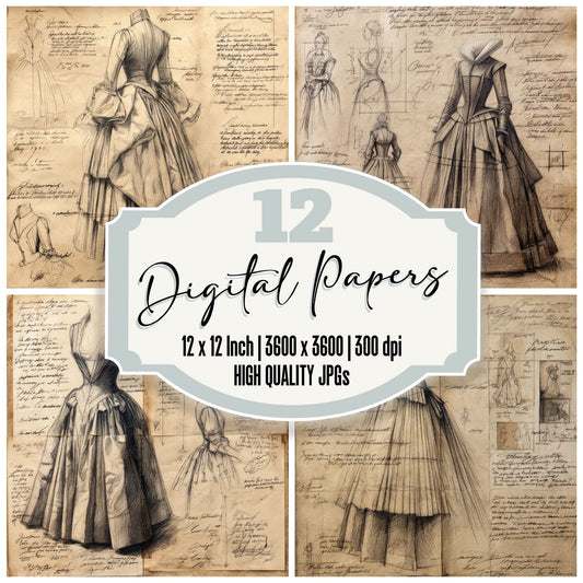 Sketch Evening Gown Pleated Skirt Digital Paper Pack (DDD003549)