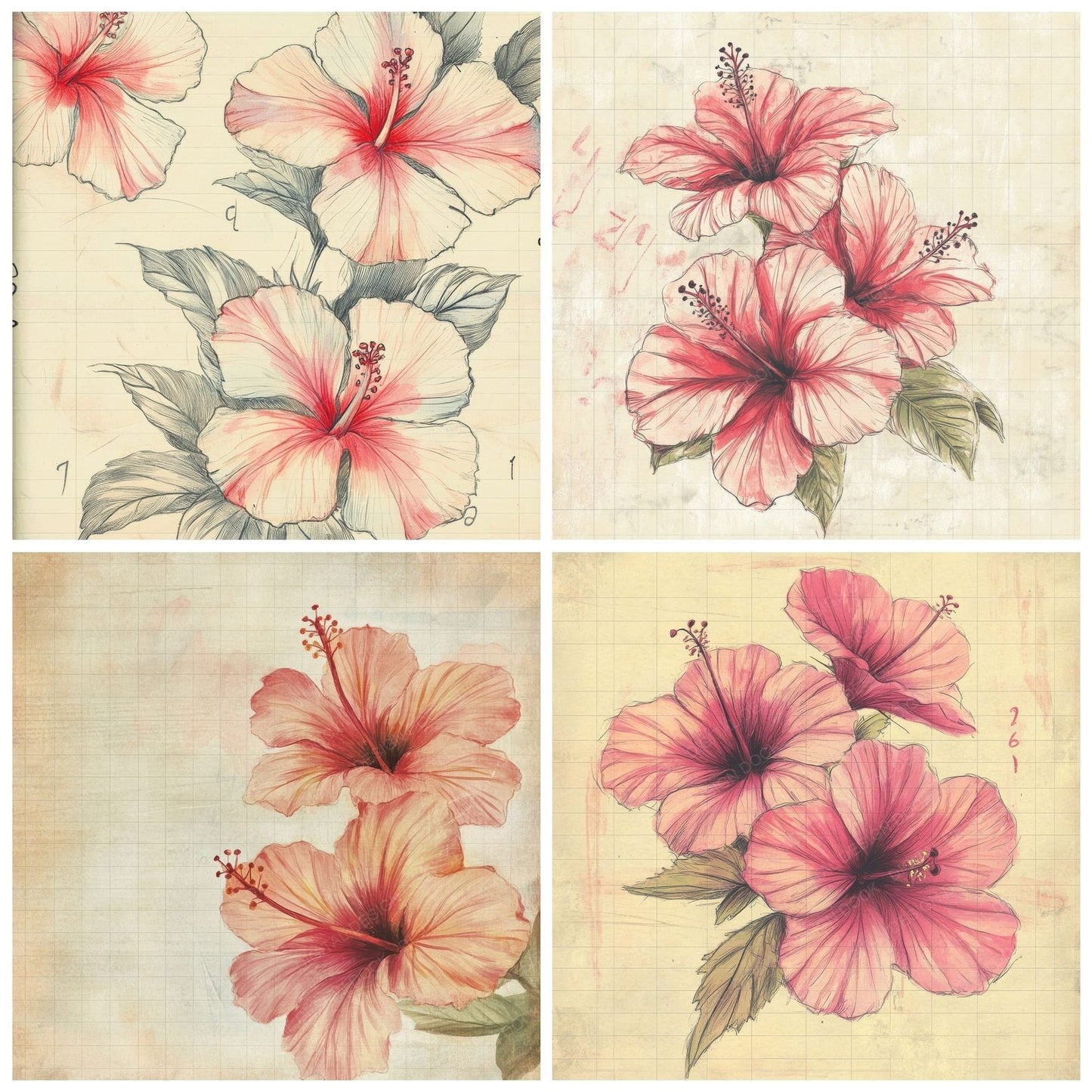 Sketch Hibiscus Notepad Digital Paper Pack (DDD003576)