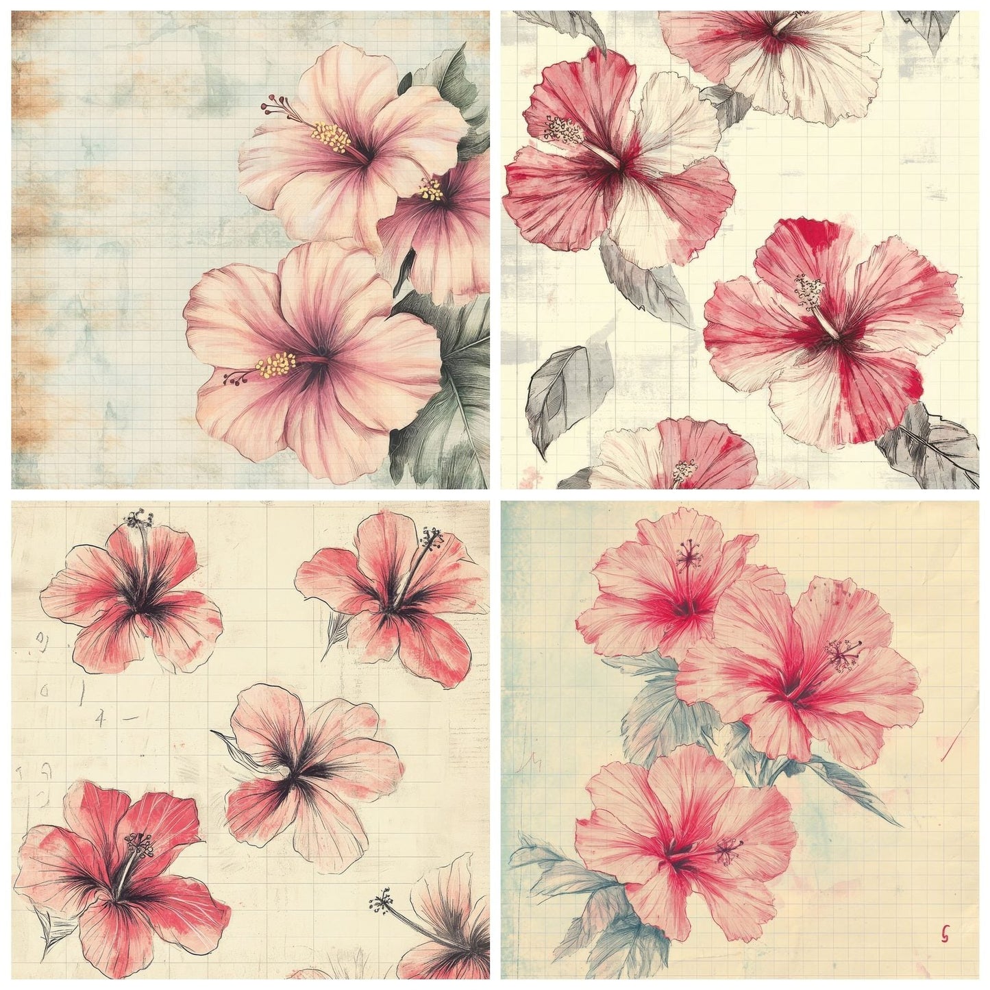 Sketch Hibiscus Notepad Digital Paper Pack (DDD003576)