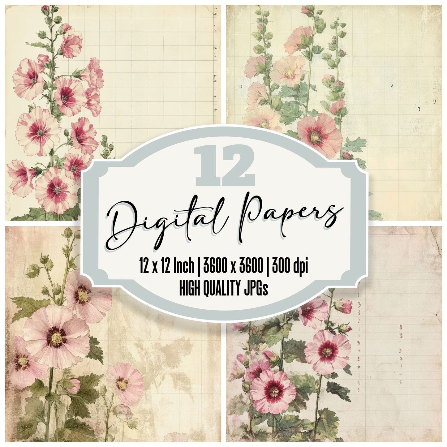 Sketch Hollyhock Notepad Digital Paper Pack (DDD003577)