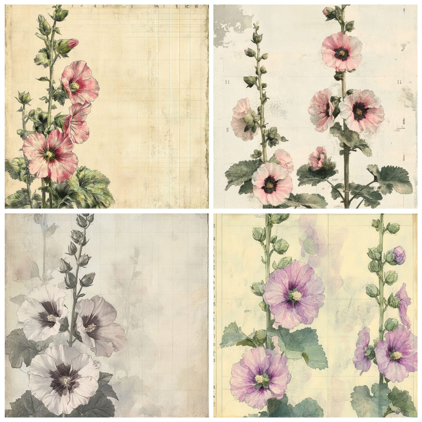Sketch Hollyhock Notepad Digital Paper Pack (DDD003577)