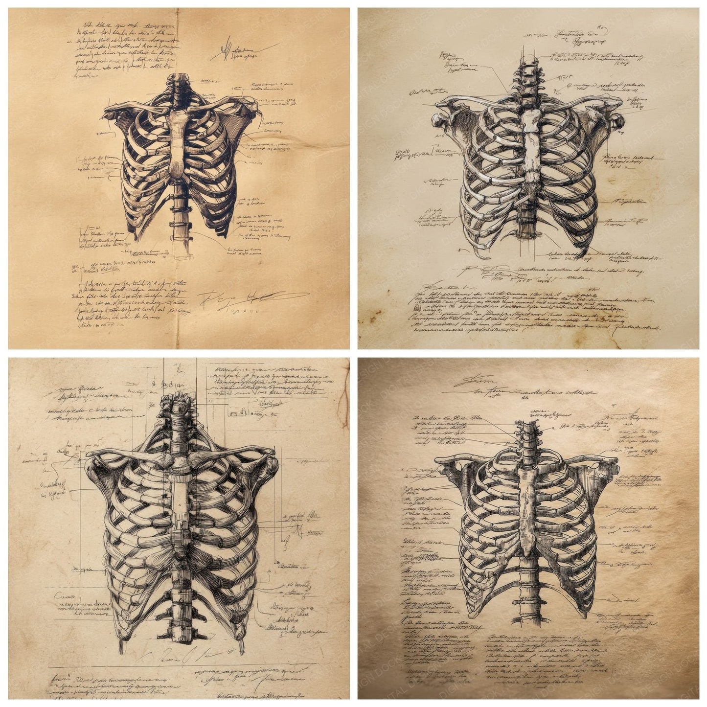 Sketch Human Ribcage Spine Digital Paper Pack (DDD003586)