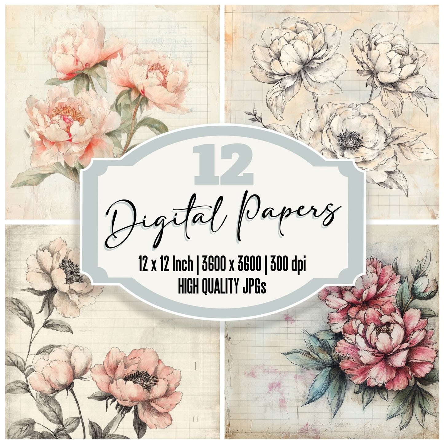 Sketch Peony Notepad Digital Paper Pack (DDD003634)
