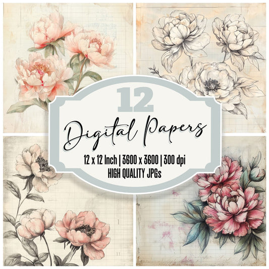 Sketch Peony Notepad Digital Paper Pack (DDD003634)
