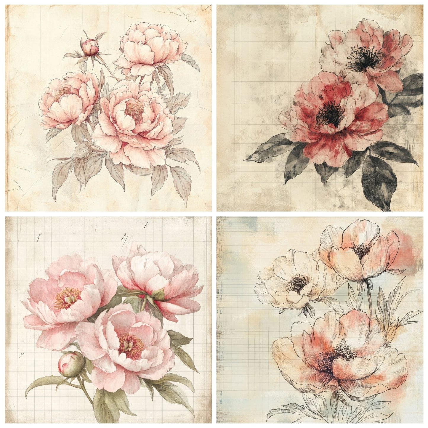 Sketch Peony Notepad Digital Paper Pack (DDD003634)