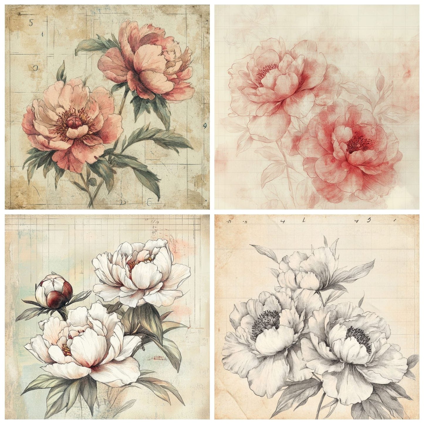 Sketch Peony Notepad Digital Paper Pack (DDD003634)