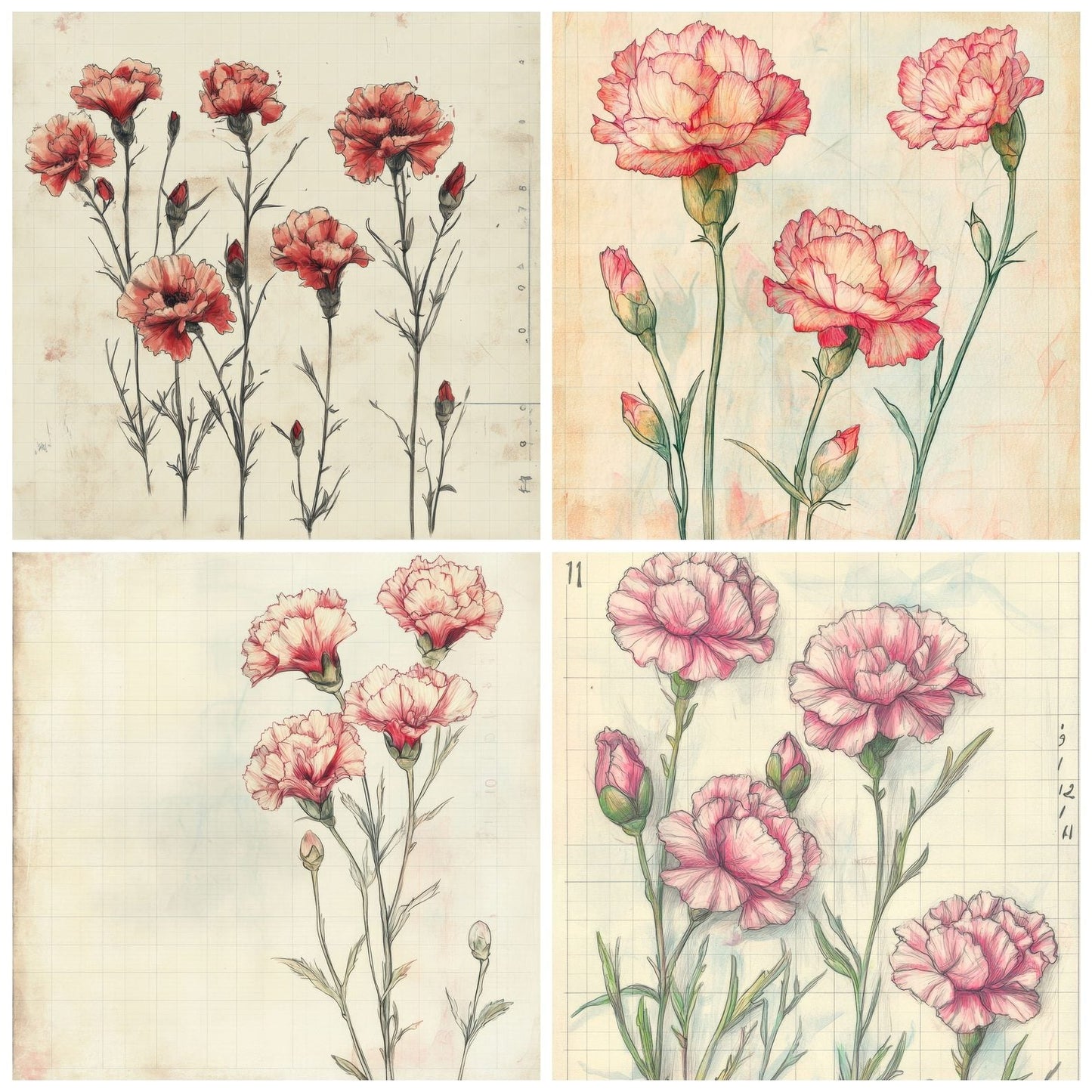 Sketch Pink Carnation Notepad Digital Paper Pack (DDD003639)