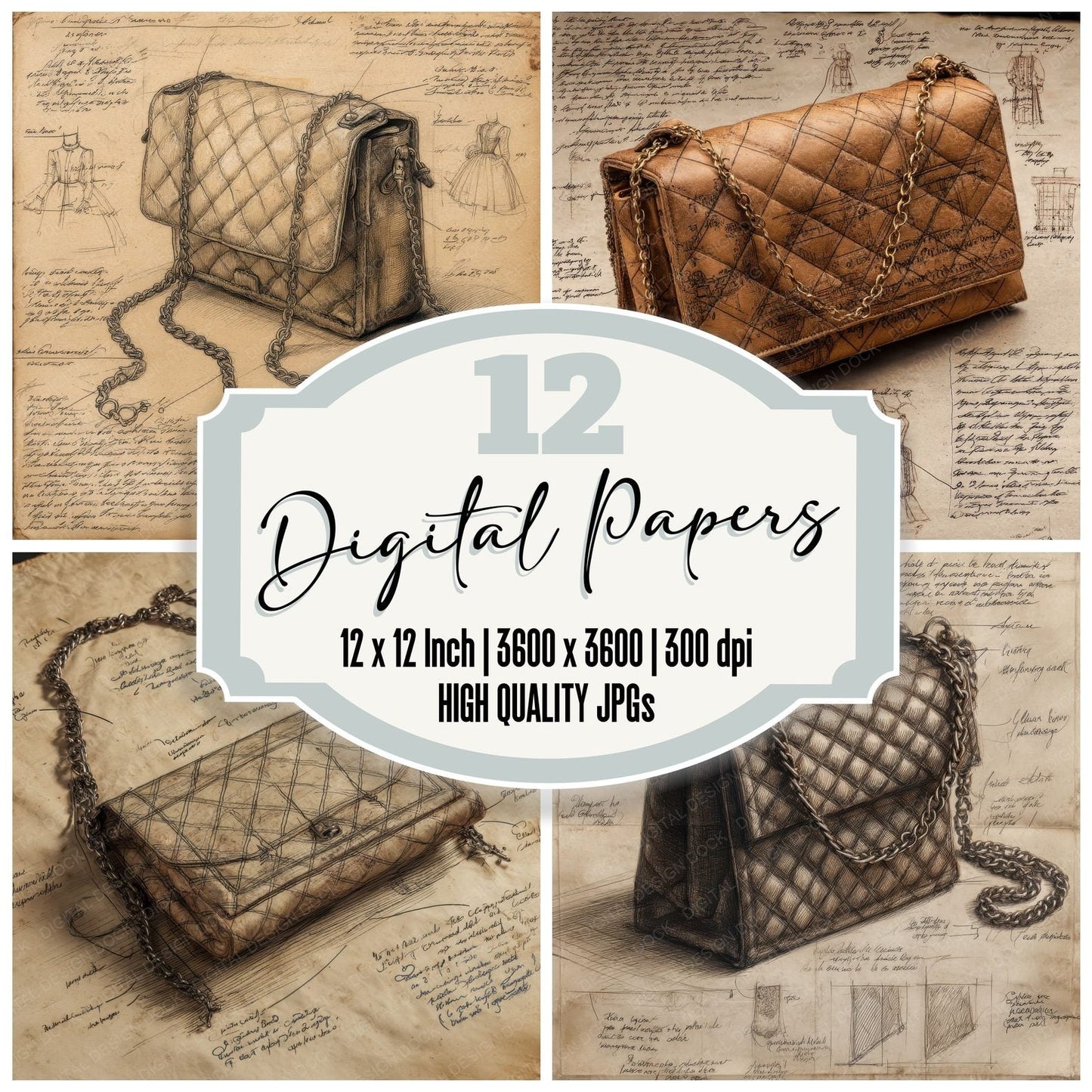 Sketch Quilted Chain Strap Handbag Digital Paper Pack (DDD003649)