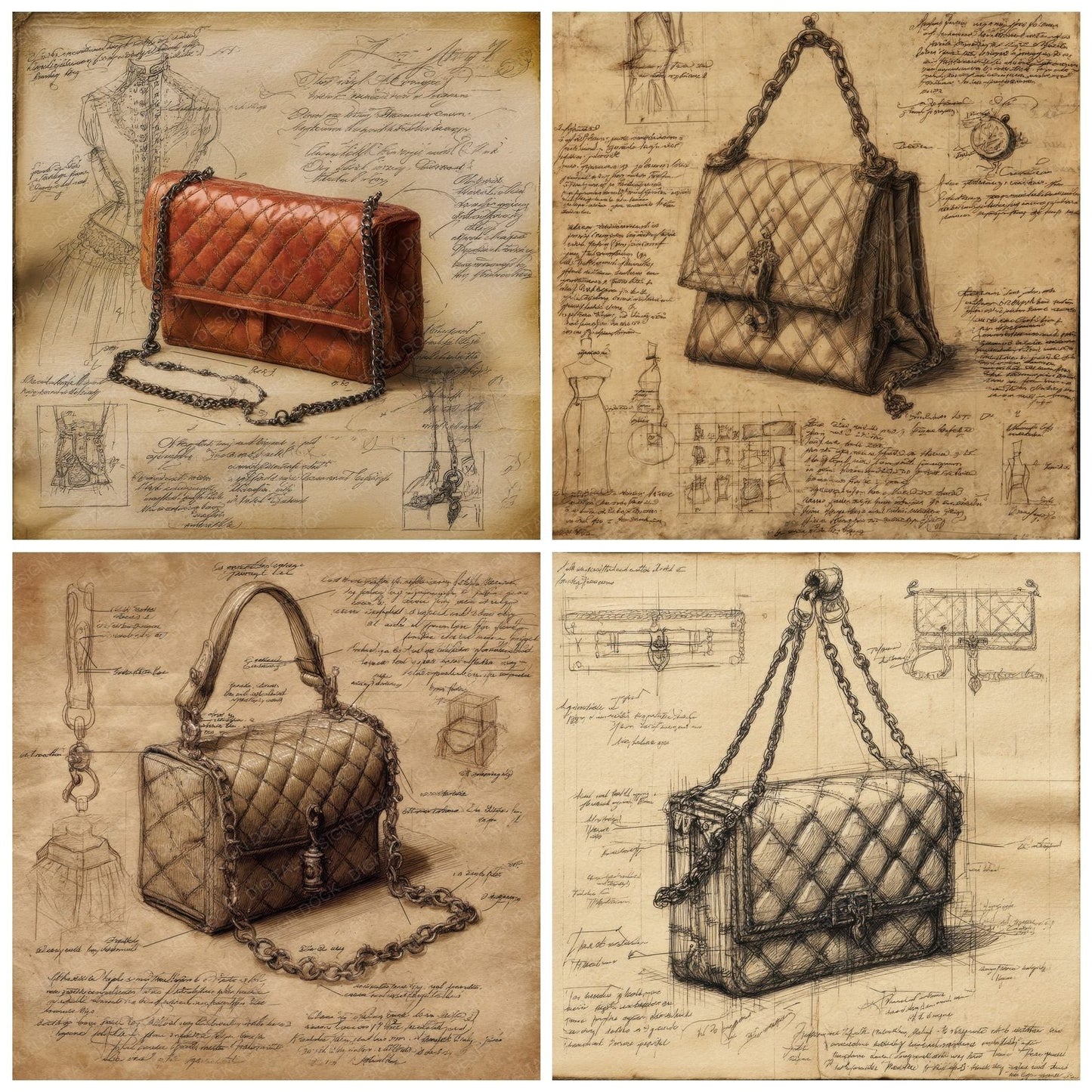 Sketch Quilted Chain Strap Handbag Digital Paper Pack (DDD003649)