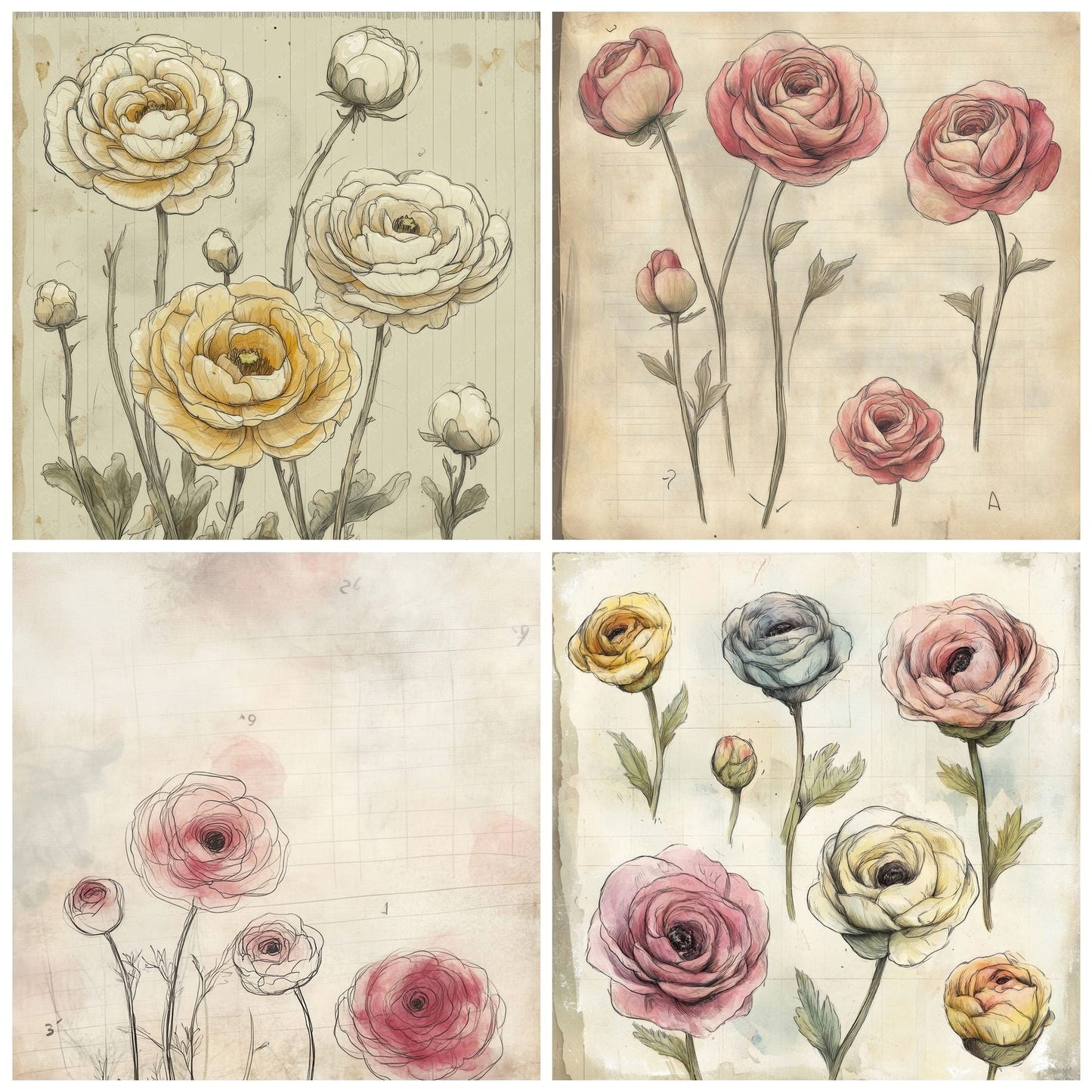 Sketch Ranunculus Notepad Digital Paper Pack (DDD003651)
