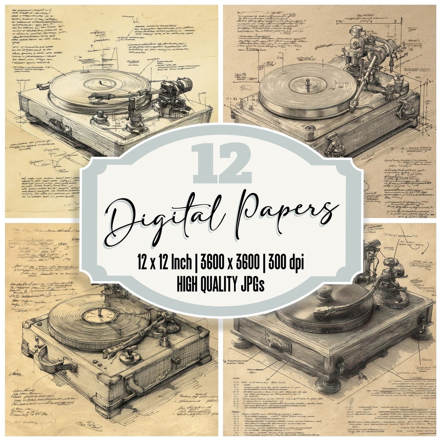 Sketch Record Player Turntable Digital Paper Pack (DDD003652)