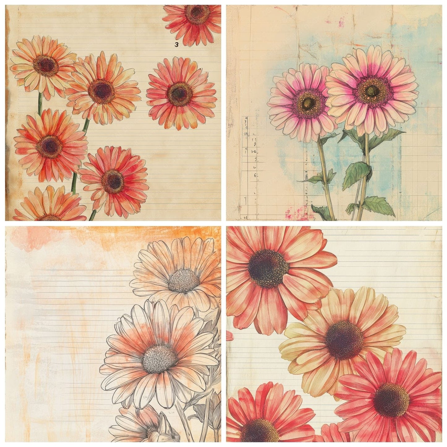 Sketch Red Gerbera Notepad Digital Paper Pack (DDD003653)