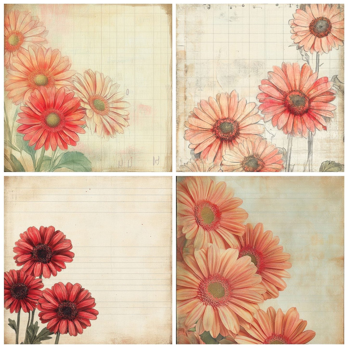 Sketch Red Gerbera Notepad Digital Paper Pack (DDD003653)