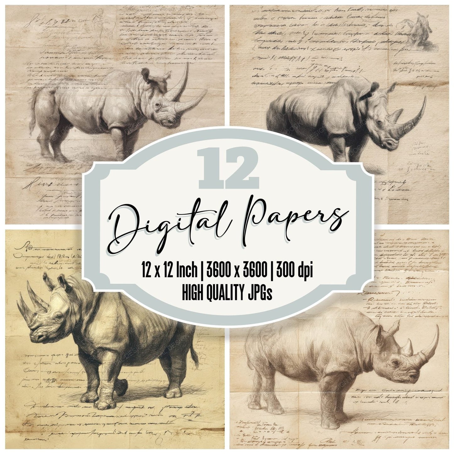 Sketch Rhinoceros Horn Plate Digital Paper Pack (DDD003655)