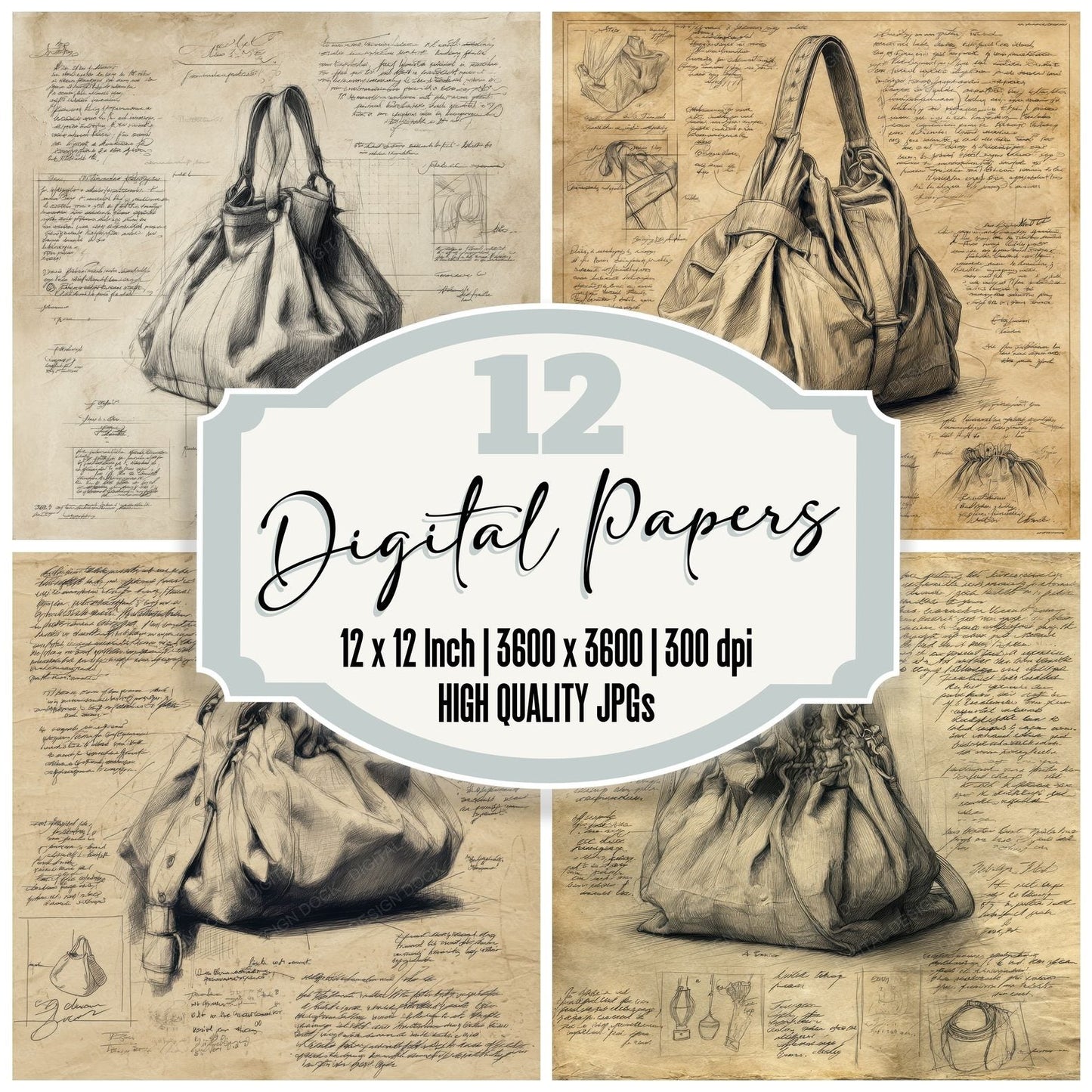 Sketch Slouchy Hobo Handbag Digital Paper Pack (DDD003664)
