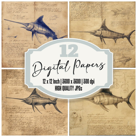 Sketch Swordfish Illustration Digital Paper Pack (DDD003677)