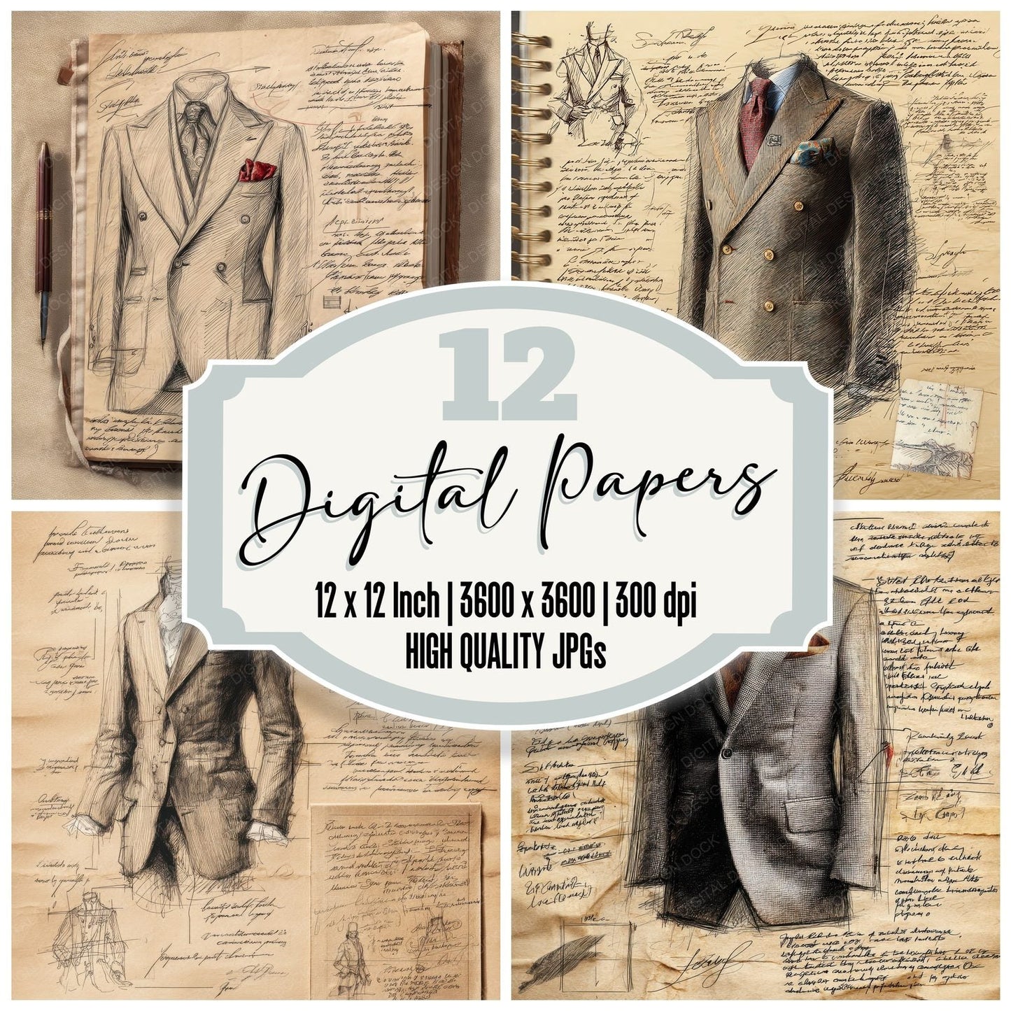 Sketch Tailored Suit Pocket Square Digital Paper Pack (DDD003678)