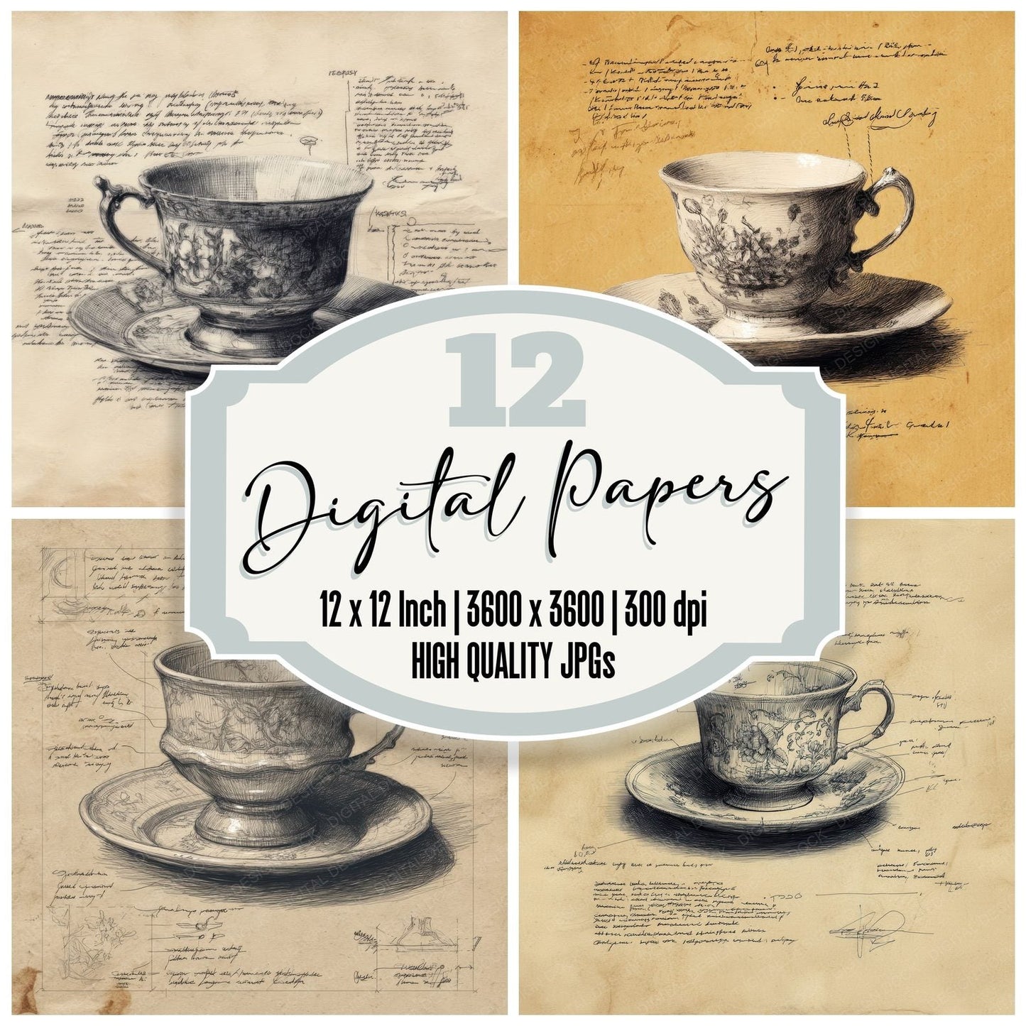 Sketch Teacup and Saucer Digital Paper Pack (DDD003681)