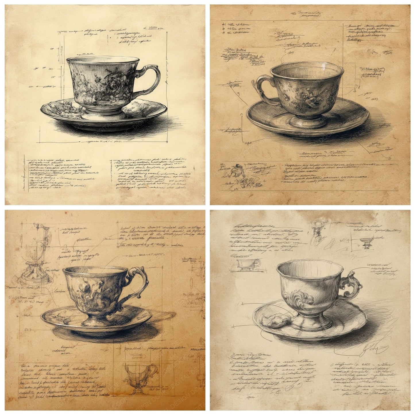 Sketch Teacup and Saucer Digital Paper Pack (DDD003681)