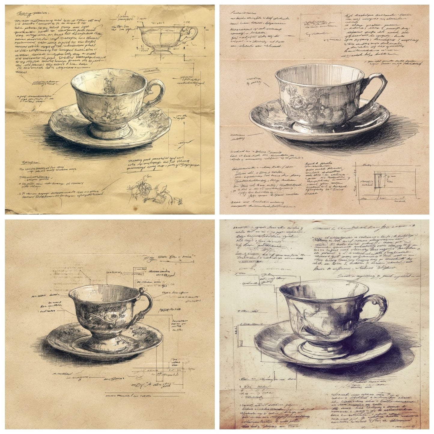 Sketch Teacup and Saucer Digital Paper Pack (DDD003681)