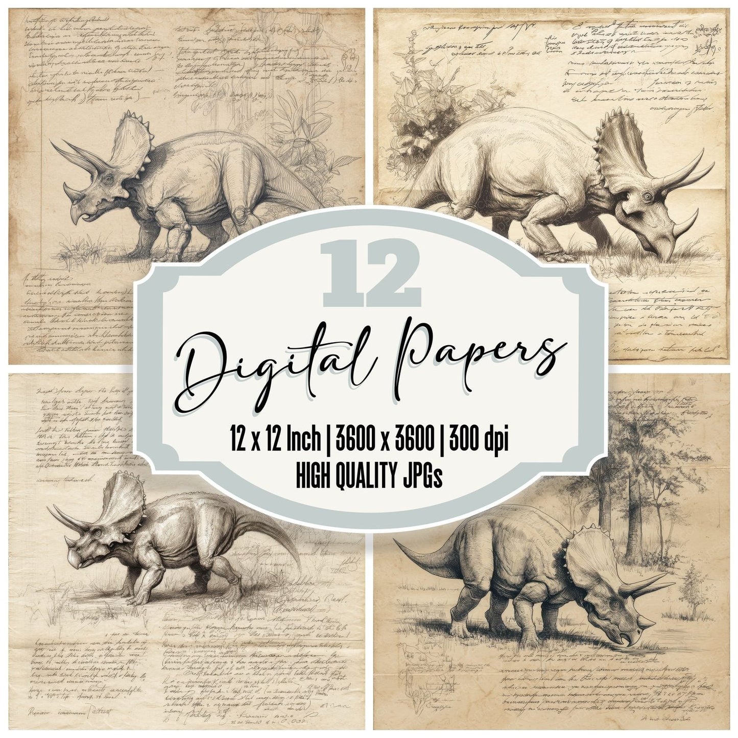 Sketch Triceratops Grazing Sheet Digital Paper Pack (DDD003688)