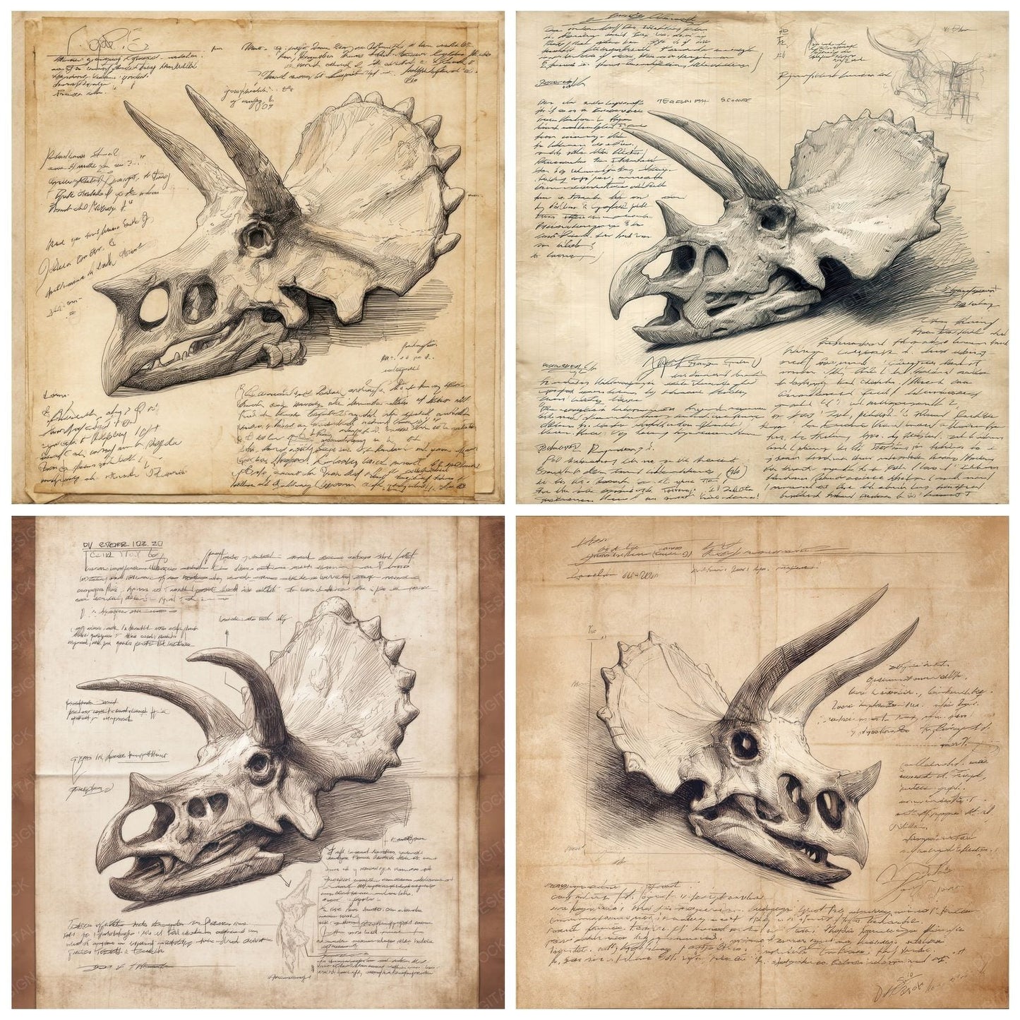 Sketch Triceratops Skull Plate Digital Paper Pack (DDD003689)