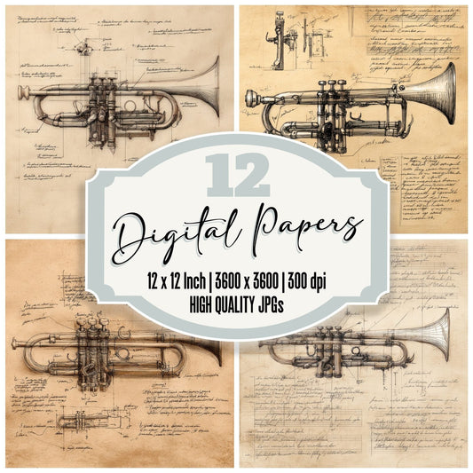 Sketch Trumpet Side View Digital Paper Pack (DDD003690)