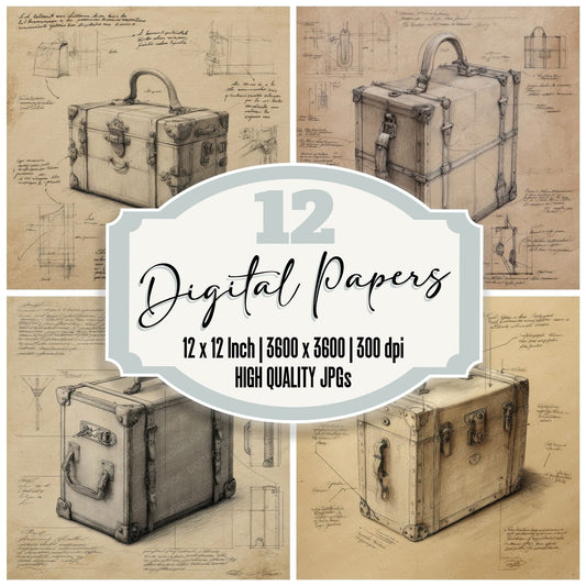 Sketch Vintage Trunk Handbag Digital Paper Pack (DDD003698)