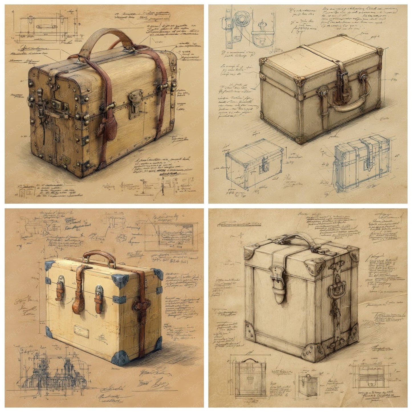 Sketch Vintage Trunk Handbag Digital Paper Pack (DDD003698)
