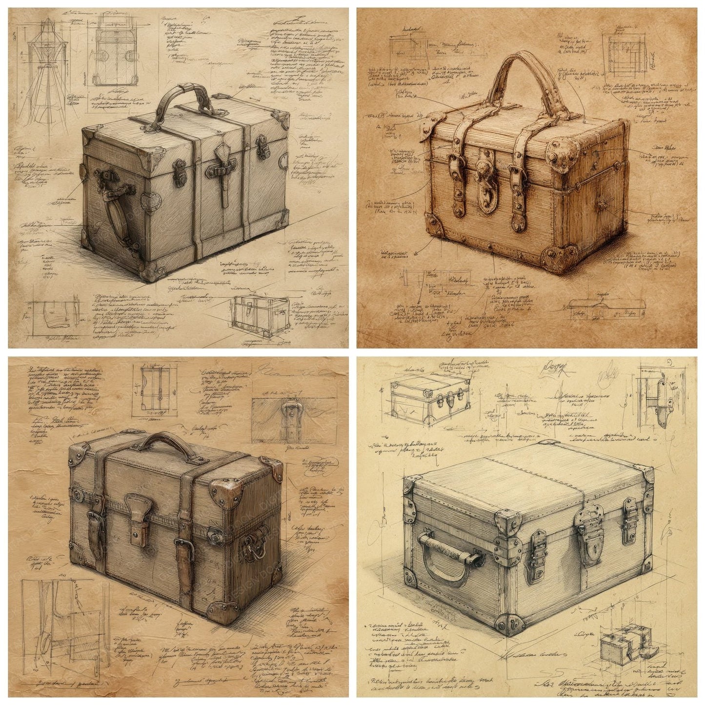 Sketch Vintage Trunk Handbag Digital Paper Pack (DDD003698)