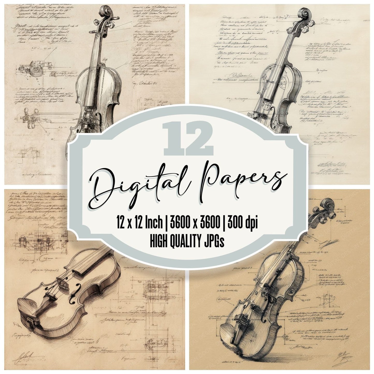Sketch Violin Side Profile Digital Paper Pack (DDD003701)