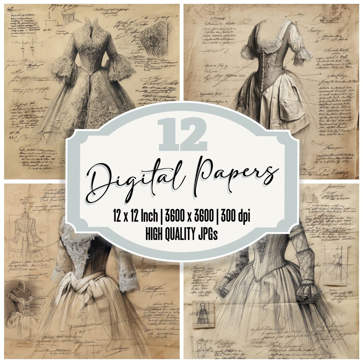 Sketch Wedding Dress Lace Bodice Digital Paper Pack (DDD003704)
