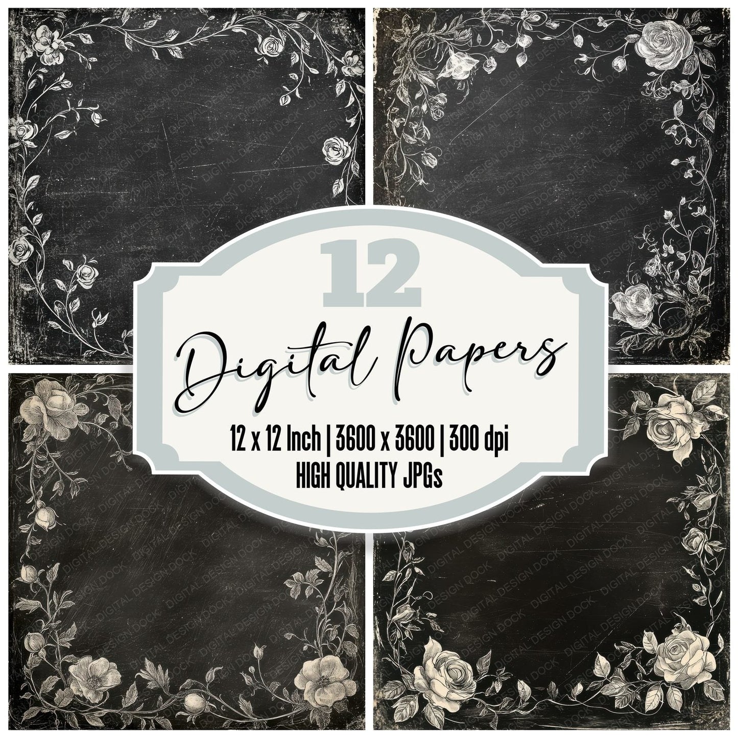 Slate Chalk Florals Digital Paper Pack (DDD003722)