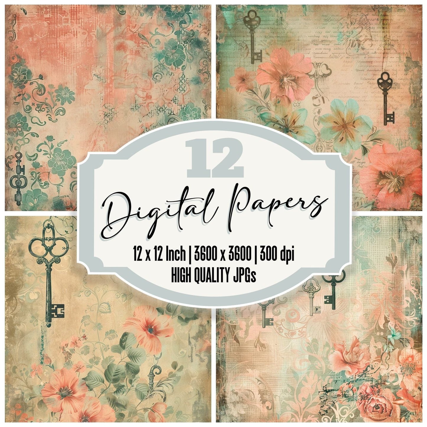 Soft Coral and Jade Green Keys and Locks Digital Paper Pack (DDD003745)