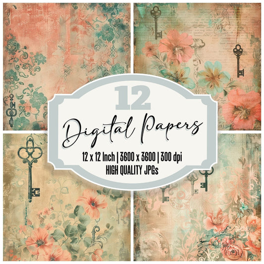 Soft Coral and Jade Green Keys and Locks Digital Paper Pack (DDD003745)