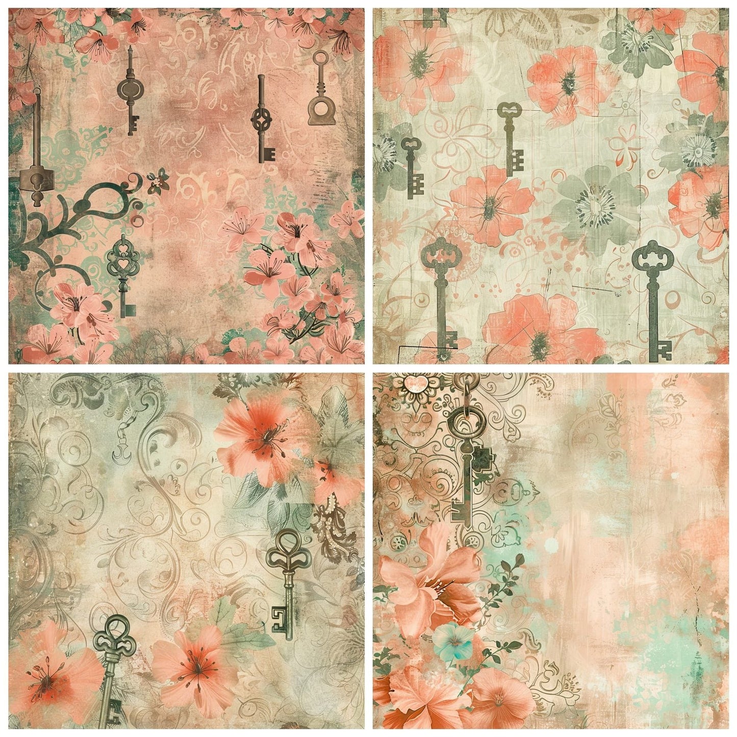 Soft Coral and Jade Green Keys and Locks Digital Paper Pack (DDD003745)