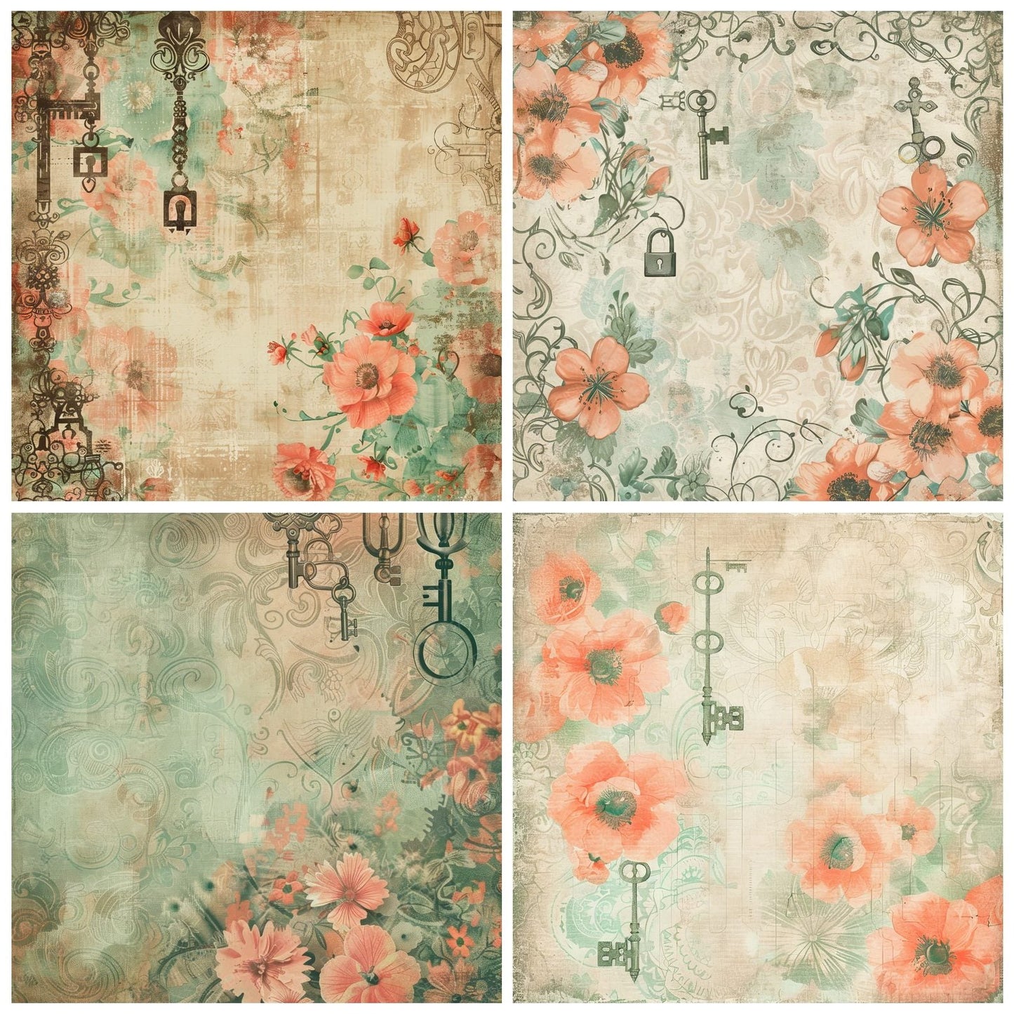 Soft Coral and Jade Green Keys and Locks Digital Paper Pack (DDD003745)
