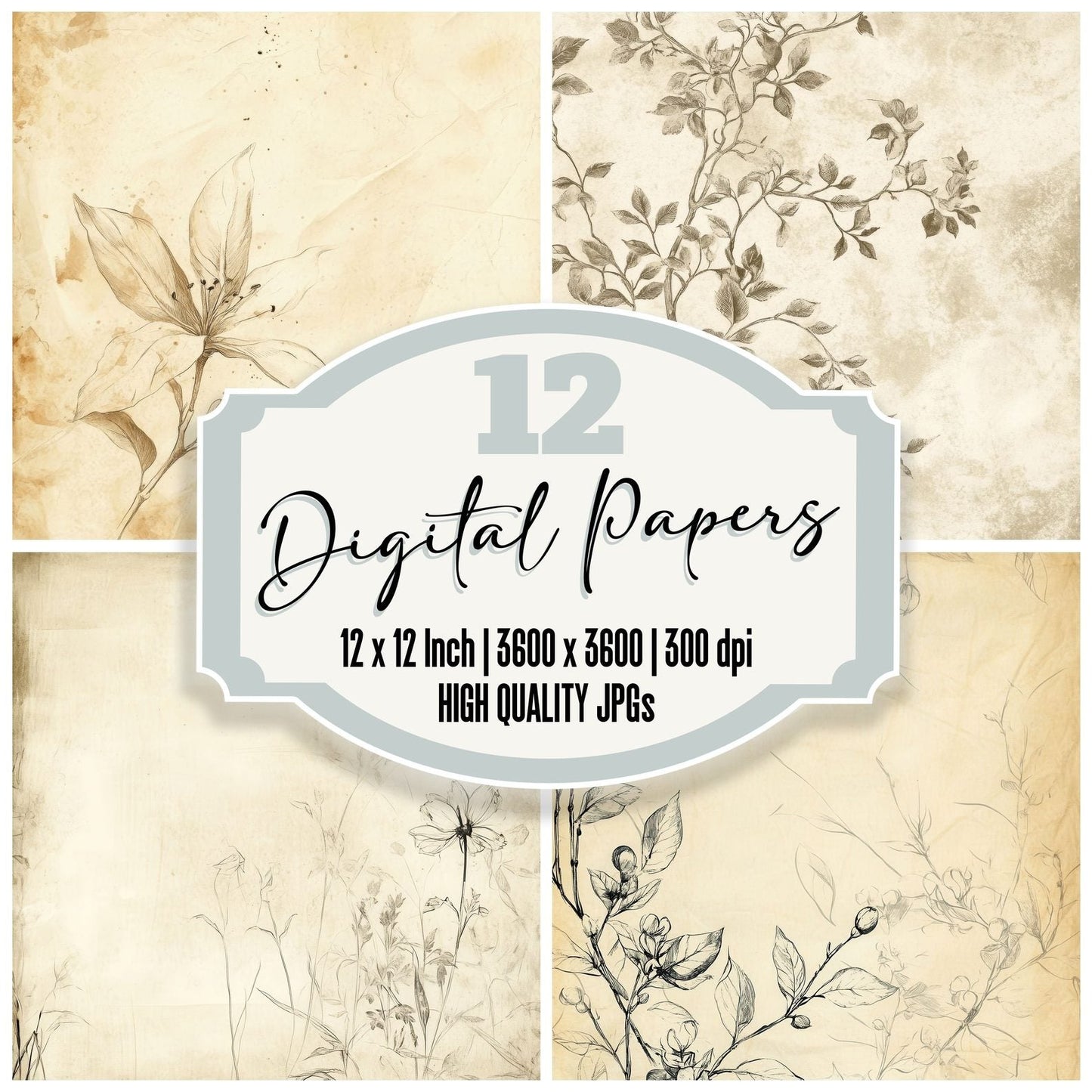 Soft Cream Floral Background Digital Paper Pack (DDD003747)