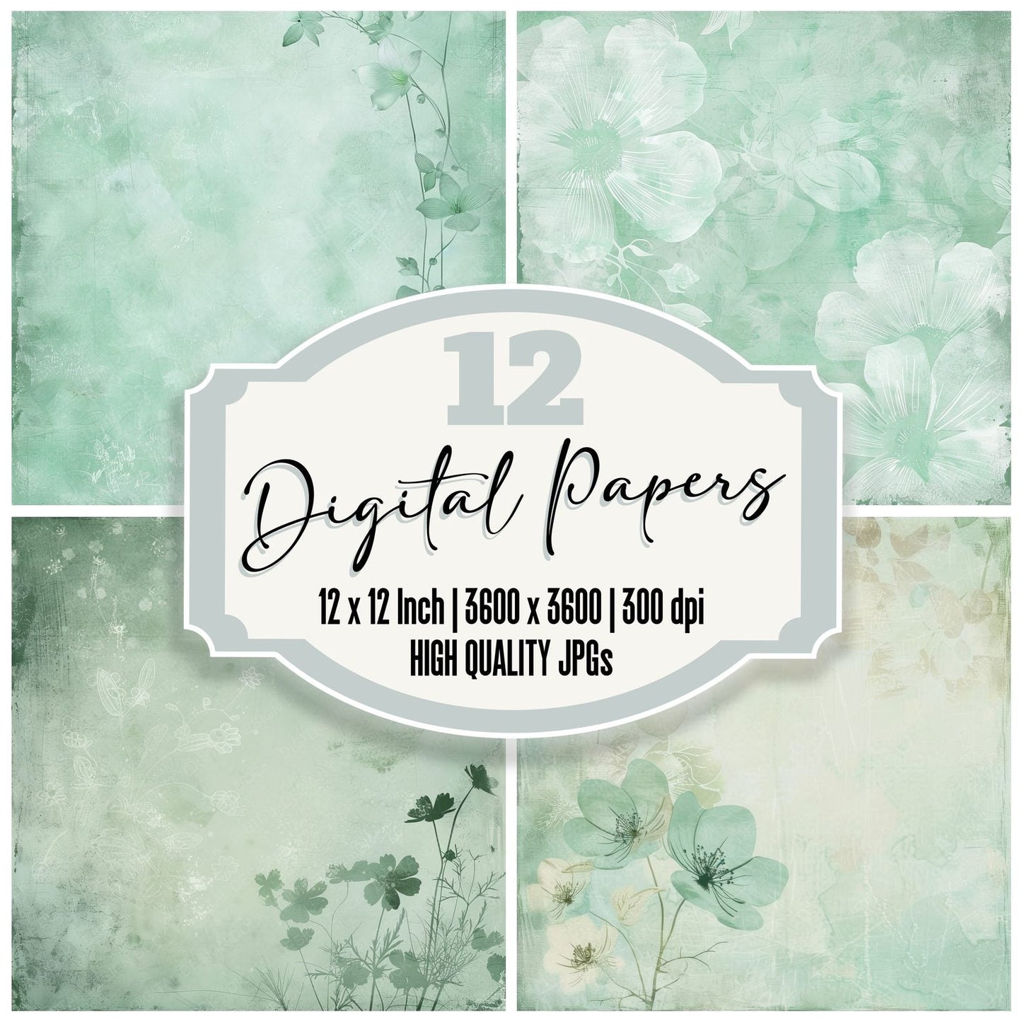 Soft Mint Green Floral Lace Digital Paper Pack (DDD003755)