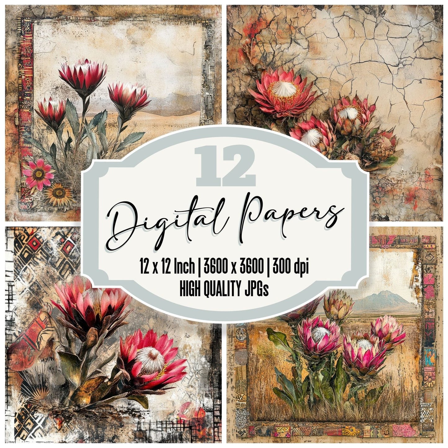 South Africa Protea Mudcloth Digital Paper Pack (DDD003774)