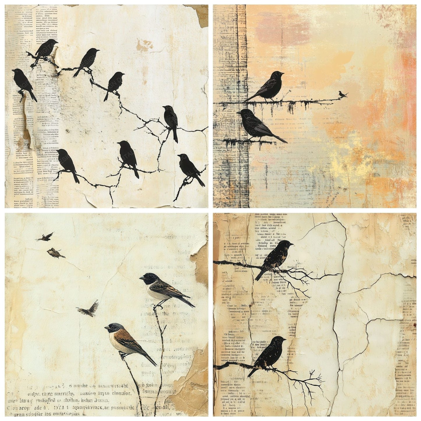 Sparrow Newsprint Frame Digital Paper Pack (DDD003782)