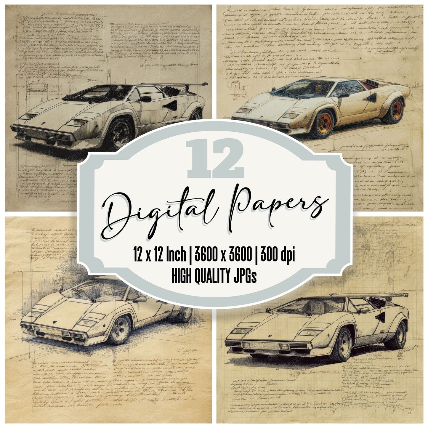 Sports Car Sketch Angular Speed Sheet Digital Paper Pack (DDD003817)