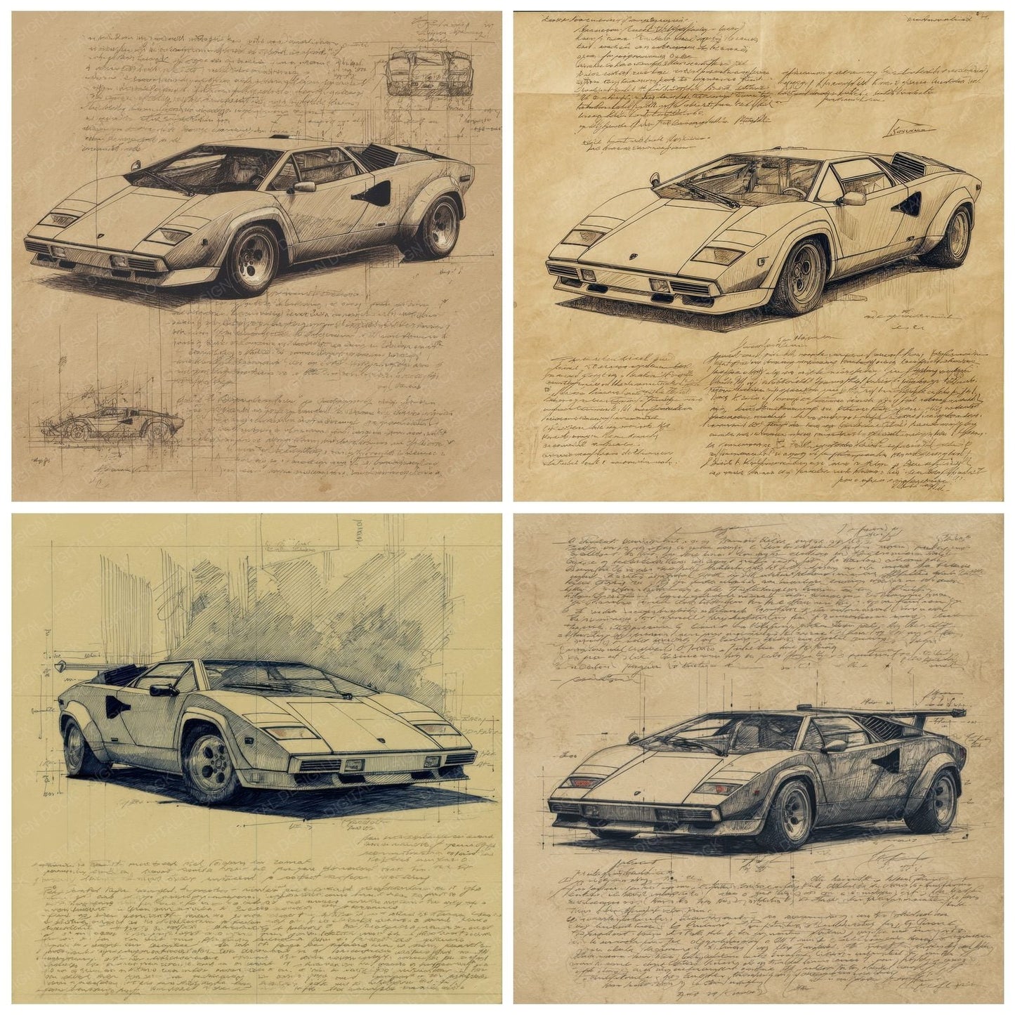 Sports Car Sketch Angular Speed Sheet Digital Paper Pack (DDD003817)