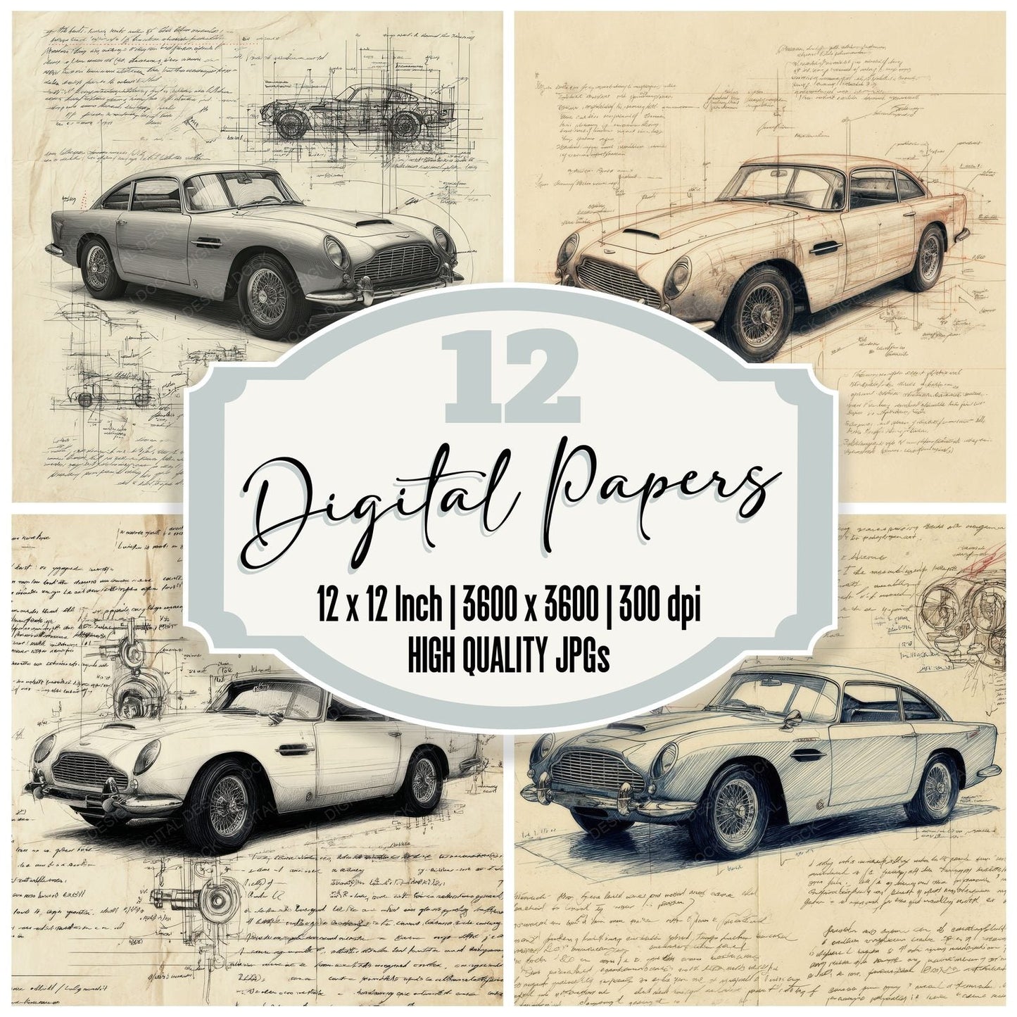 Sports Car Sketch British Motoring Plate Digital Paper Pack (DDD003818)