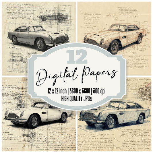 Sports Car Sketch British Motoring Plate Digital Paper Pack (DDD003818)