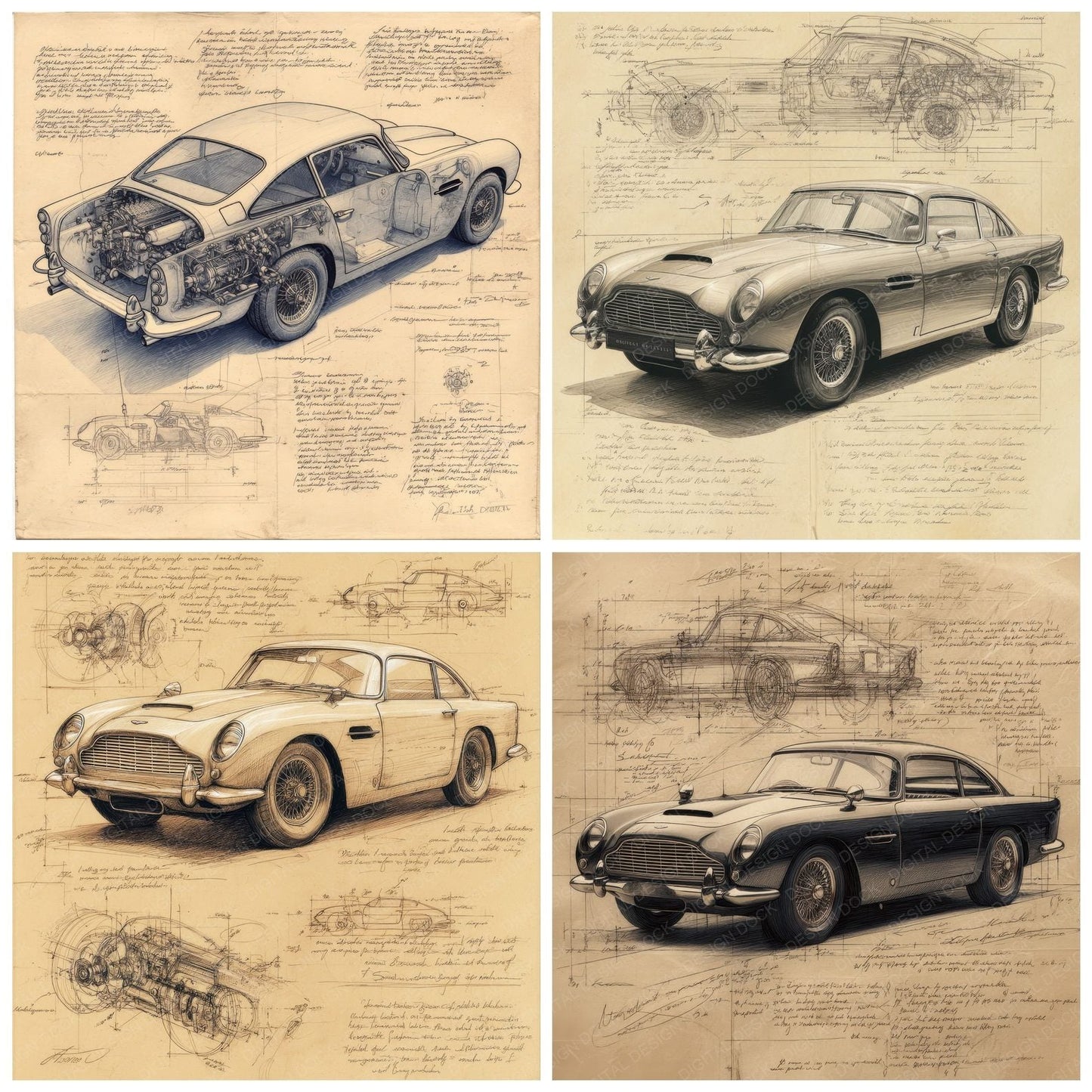 Sports Car Sketch British Motoring Plate Digital Paper Pack (DDD003818)