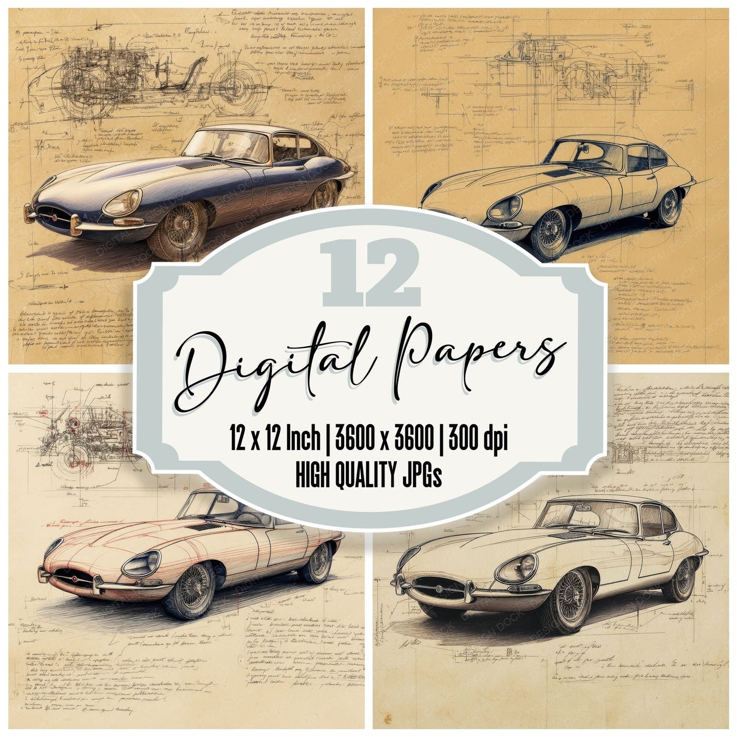 Sports Car Sketch Elegance in Ink Digital Paper Pack (DDD003819)