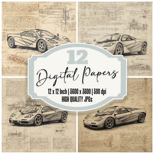 Sports Car Sketch Engineering Speed Study Digital Paper Pack (DDD003820)