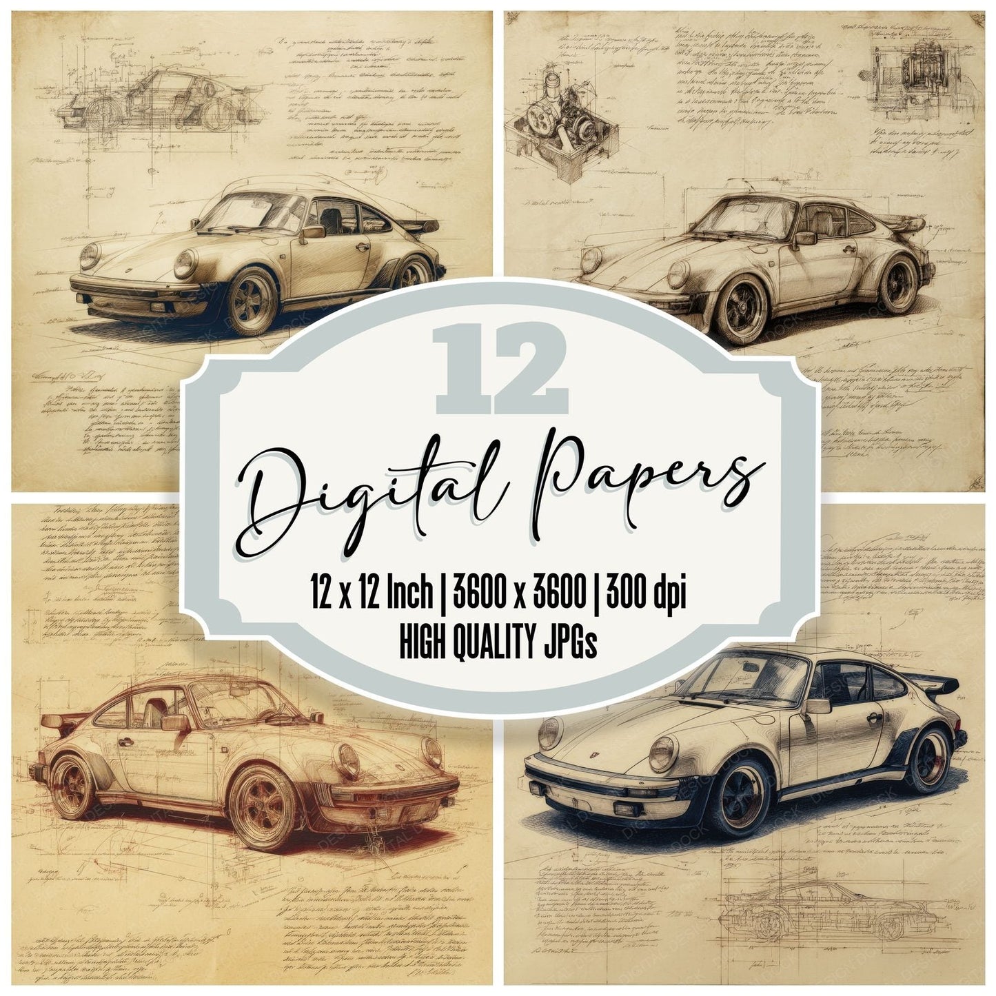 Sports Car Sketch Iconic Motion Draft Digital Paper Pack (DDD003821)
